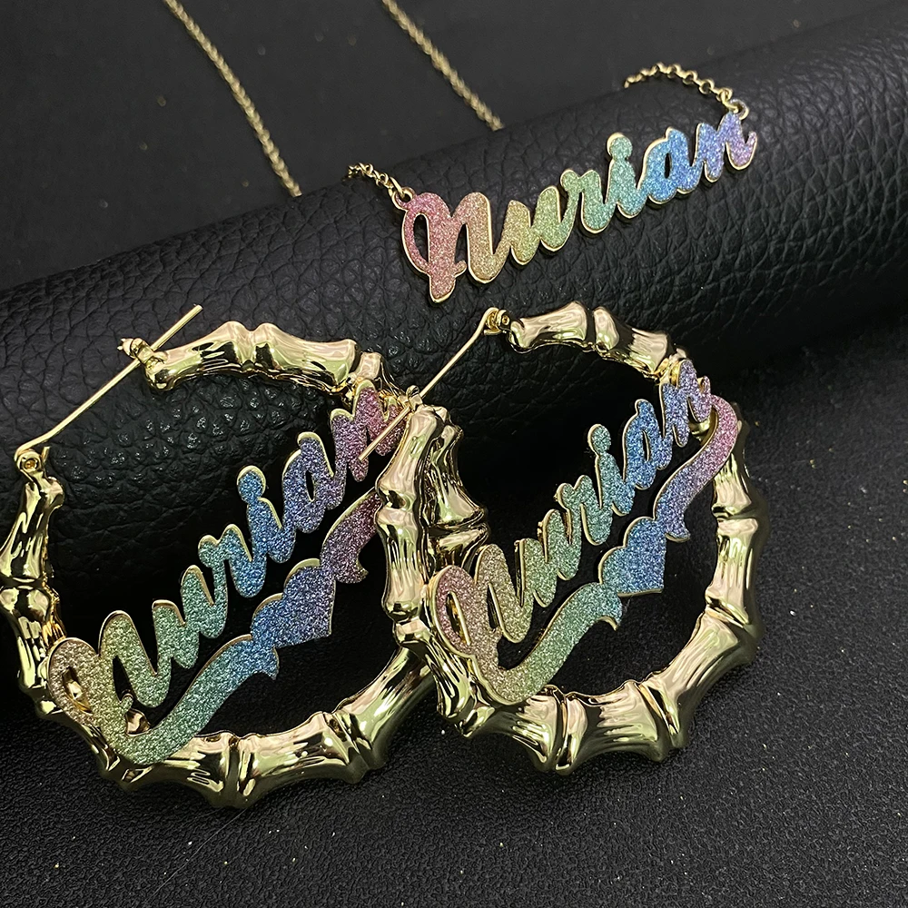 KristenCo Custom Bamboo Name Earrings Glitter Color Sticker Bamboo Hoop Earrings Stainless Steel Earrings for Women Gifts