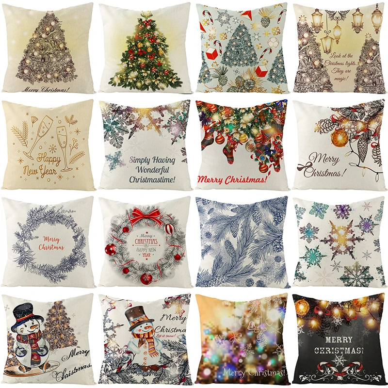 

Christmas Cushion Cover 18x18 Inch for Home Christmas Tree Snowman Linen Pillow Covers Xmas Holiday Party Decorative Pillowcase