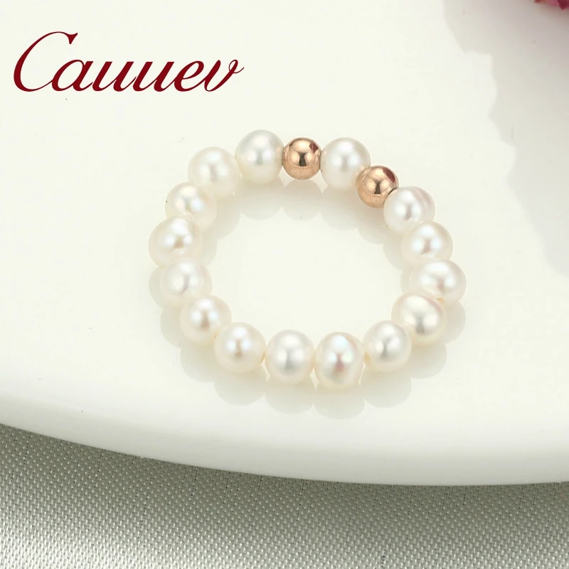Cauuev Small Natural Freshwater Pearl Couple Rings for Women Real 925 Sterling Silver Jewelry forWholesale Fashion Gift view 5
