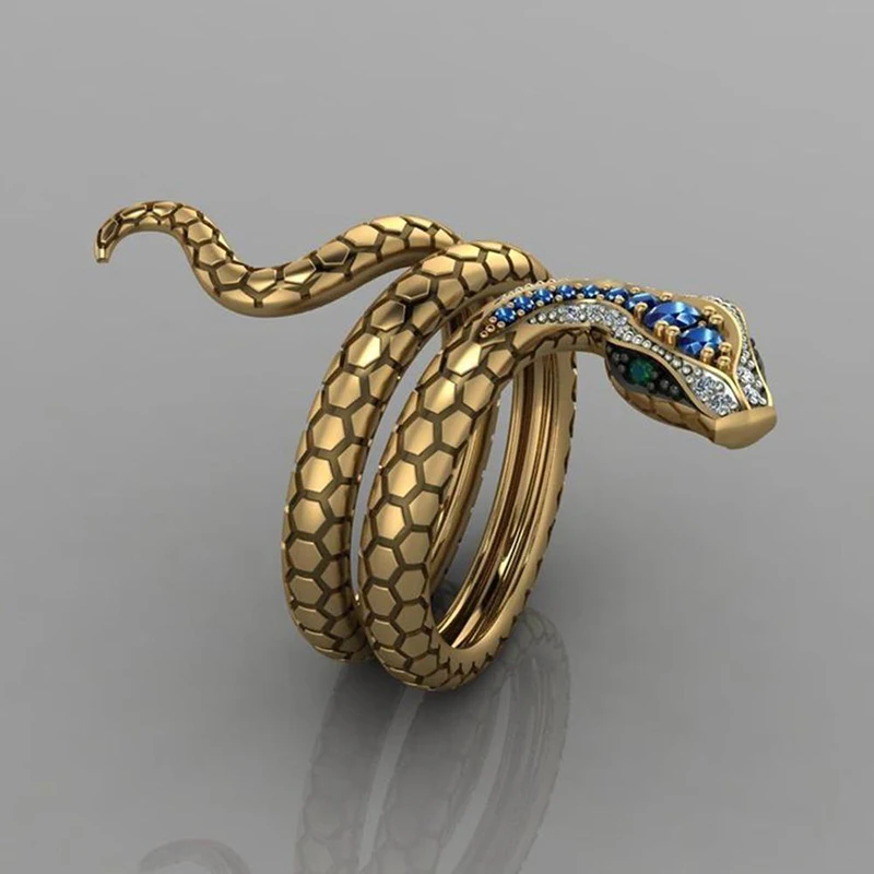 Charm Golden Snake Ring Blue Rhinestone Inlaid Snake Ring for Men and Women Fashion Noble Jewelry Gifts Drop Shipping