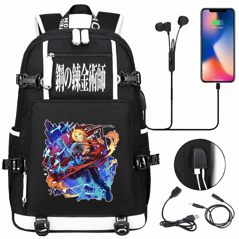 Anime Fullmetal Alchemist USB Backpack Student Schoolbag Boys Girls Travel Shoulder Bags Black Teens  Mochila Gift