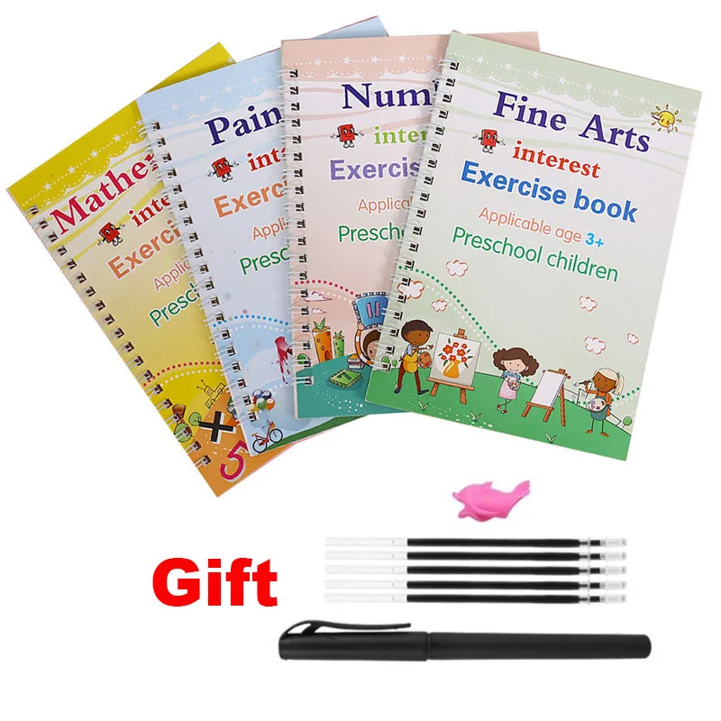 4 Book+Pen Copybook Practice Magic For Kids Handwriting Calligraphy School Reusable English Children Exercise Book Paper Diary