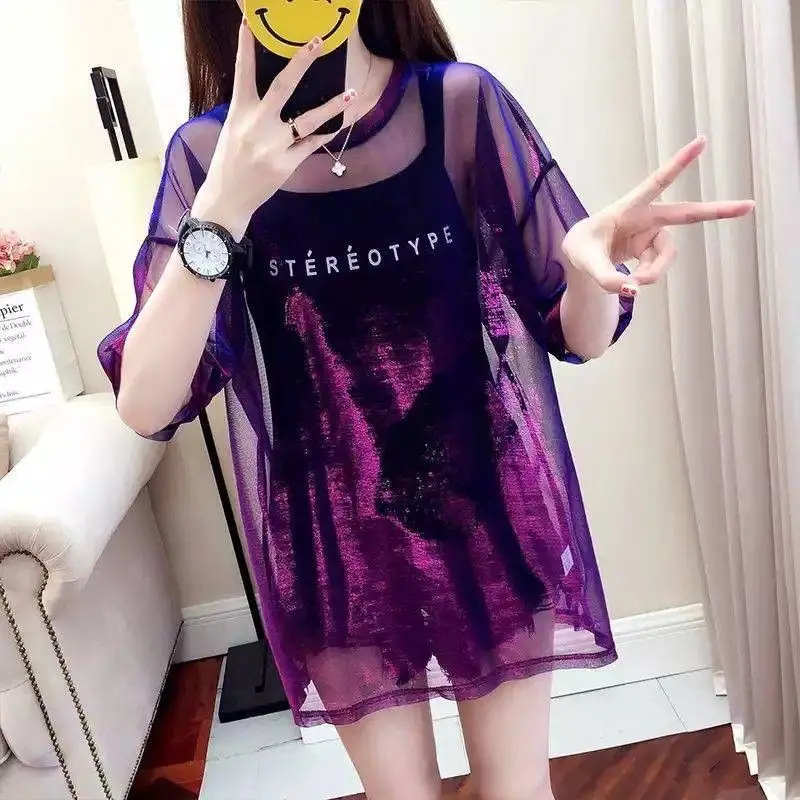 2021 New Purple Mesh Short-sleeved Loose Trendy Girl Mid-length T- Shirt Summer O-neck Solid Casual Tops Tees