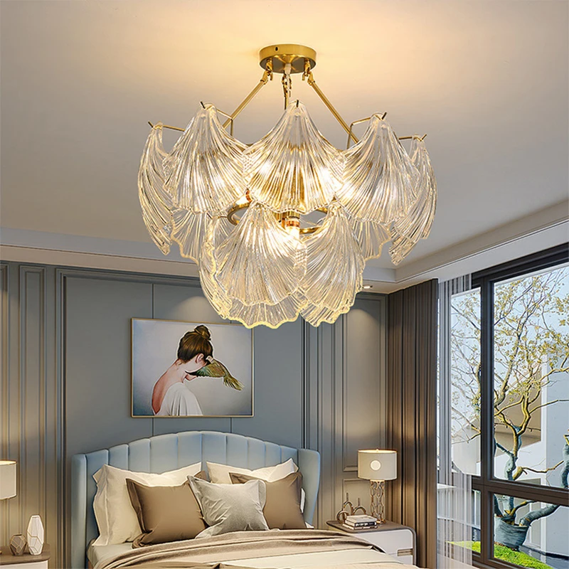 

Postmodern Simple Light Luxury Chandelier Living Room Lamp Retro Wrought Iron Glass Shell Crystal Bedroom Dining Room Lamp