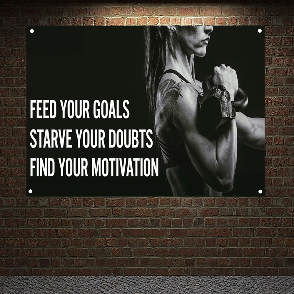 FEED YOUR GOALS STARVE YOUR DOUBTS FIND YOUR MOTIVATION Exercise Banner Gym Poster Muscular Body Flag Wall Hanging Painting