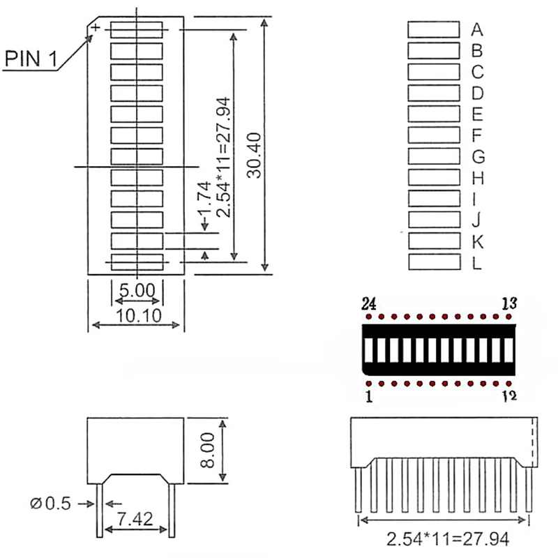 12 Segment Bar-graph Bargraph 12 segments 3 Red 3 yellow 3 Green 3 Blue color Light Bar Graph Numbers LED Signs Module Display