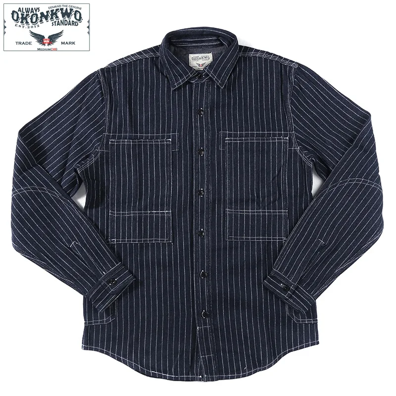 Striped Denim Shirt for Men Multi Pocket Canvas Work Clothes Outdoor Climbing Labor Trekking Hiking Sports Blouse Camping Tops