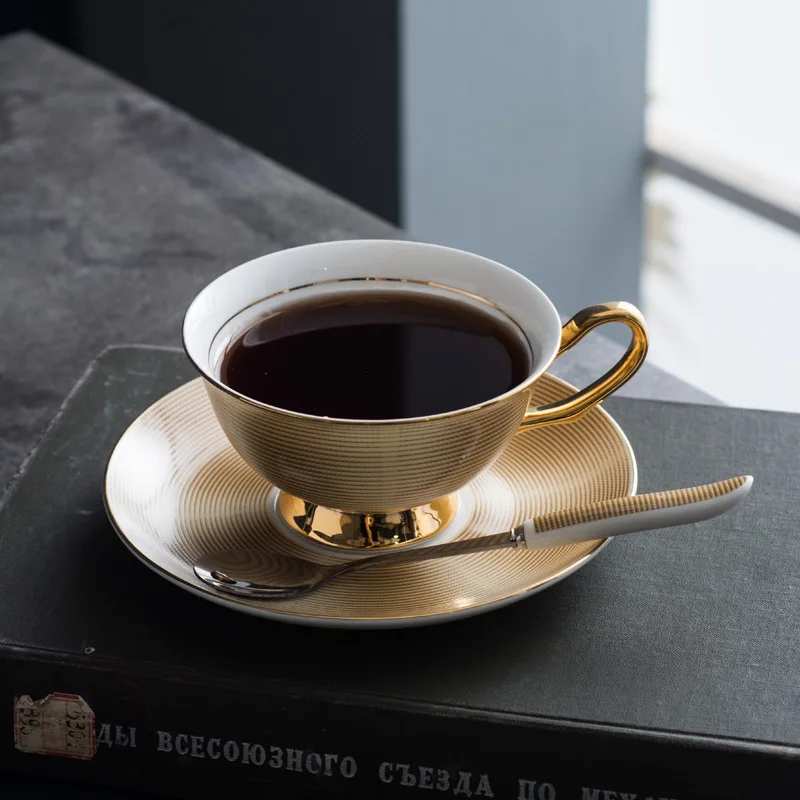 LingAo-Light Luxury Gold-Plated Bone China Coffee Cup and Saucer Set, Ceramic, High-End Gift