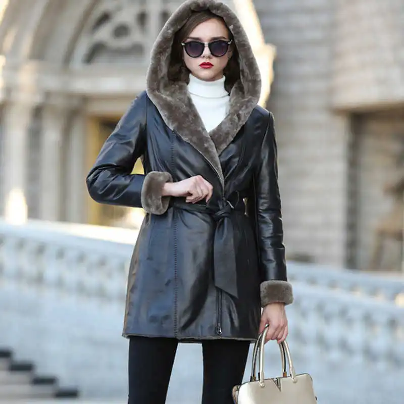 Real Genuine Leather Jacket Women Natural Lamb Fur Coat Hooded Slim Sheepskin Shearling Sheep Black Winter Warm Female Plus Size