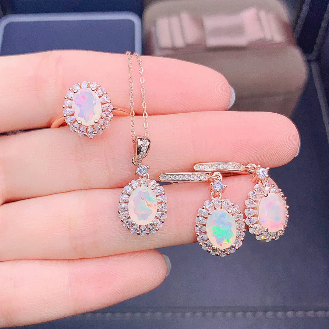 

925 Sterling Silver Engagment Jewelry Sets Faceted White Rainbow Fire Opal Ring, Earrings, Pendant Necklace For Women Gift