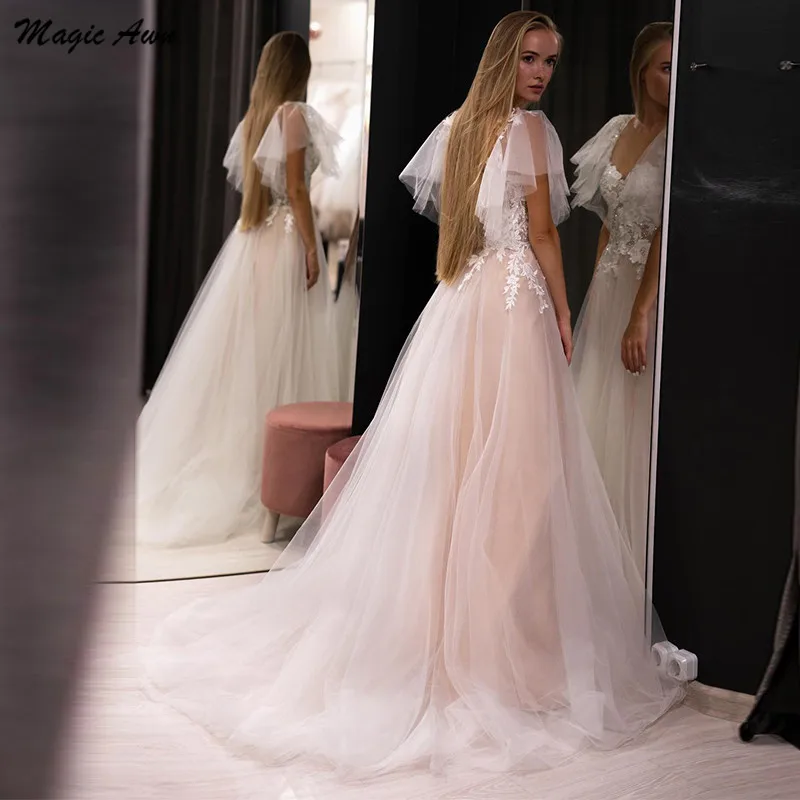 Magic Awn-Vestidos De Novia elegantes con apliques De encaje, Vestidos De Novia bohemios De princesa, corte en A, Mangas De casquillo, Vestidos De Novia campestres 2021