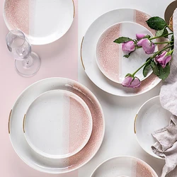 Japanese Sushi Tray Full Set Ceramic Dinnerware Set, Flat Steak Plate, Gradient Color, Golden Rim, Tableware, Big, 10