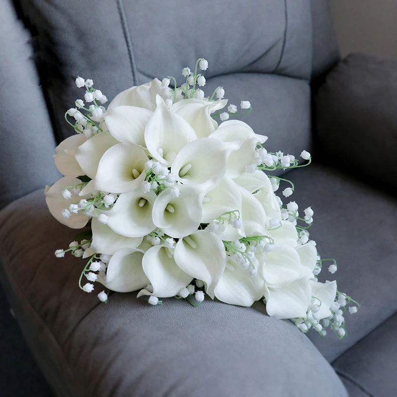 Whitney Wedding Collection Fake Calla Lily Lilies of the Valley Cascading Bridal Bouquet Waterfall Style Flores Para Casamento