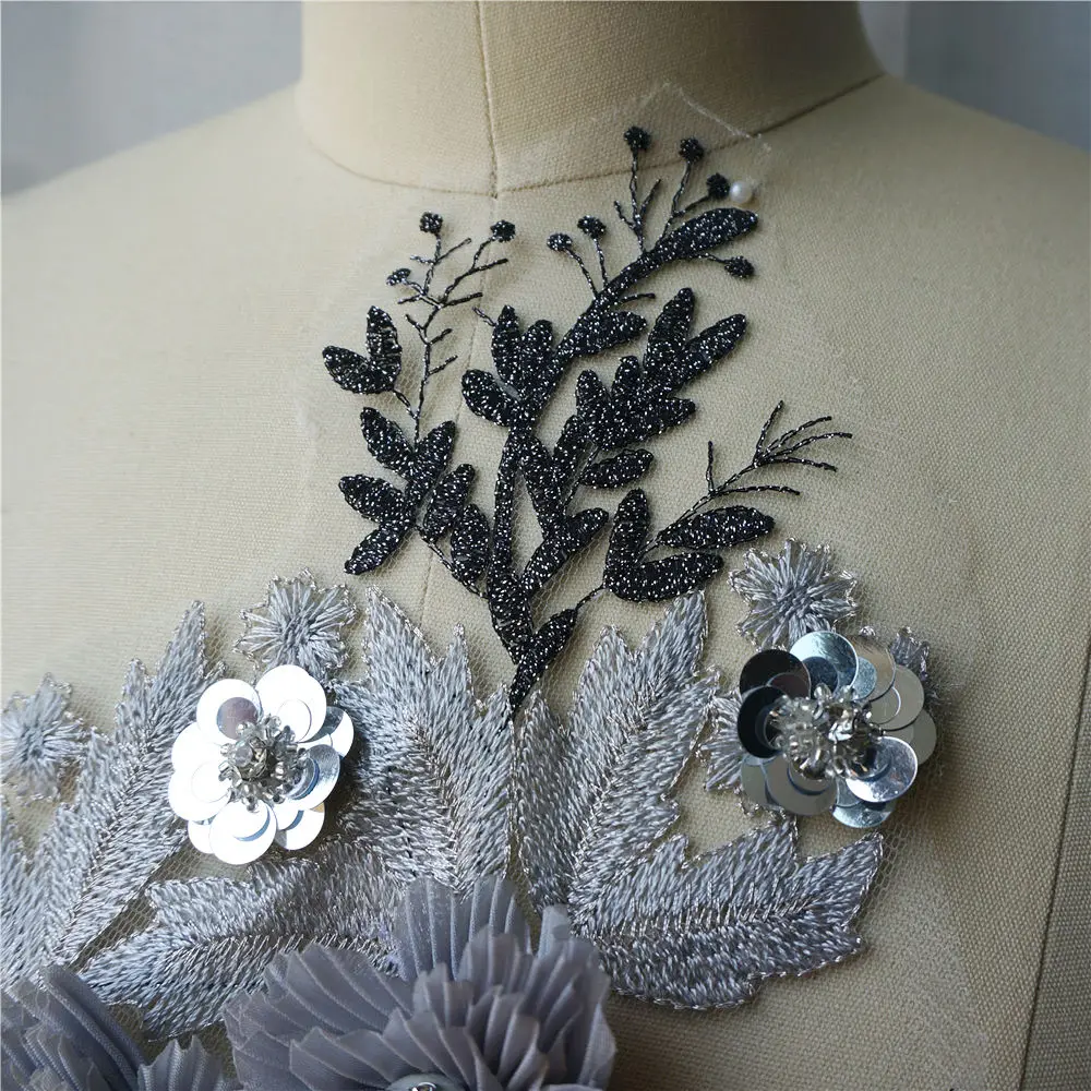 Grey 3D Flowers Rhinestone Lace Fabric Embroidered Wedding Gown Appliques Trims Collar Mesh Sew Patch For Dress DIY Decoration