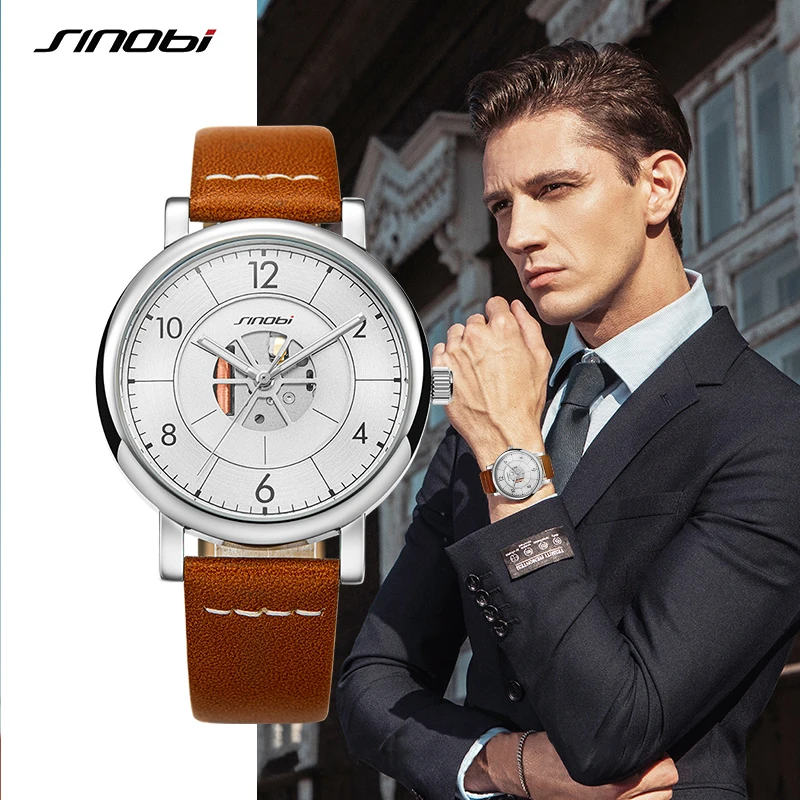 Sinobi Luxury Business Men\'s Watches Luminous 39mm Dial Real Leather Strap Waterproof Sports Automatic Quartz Wristwatch