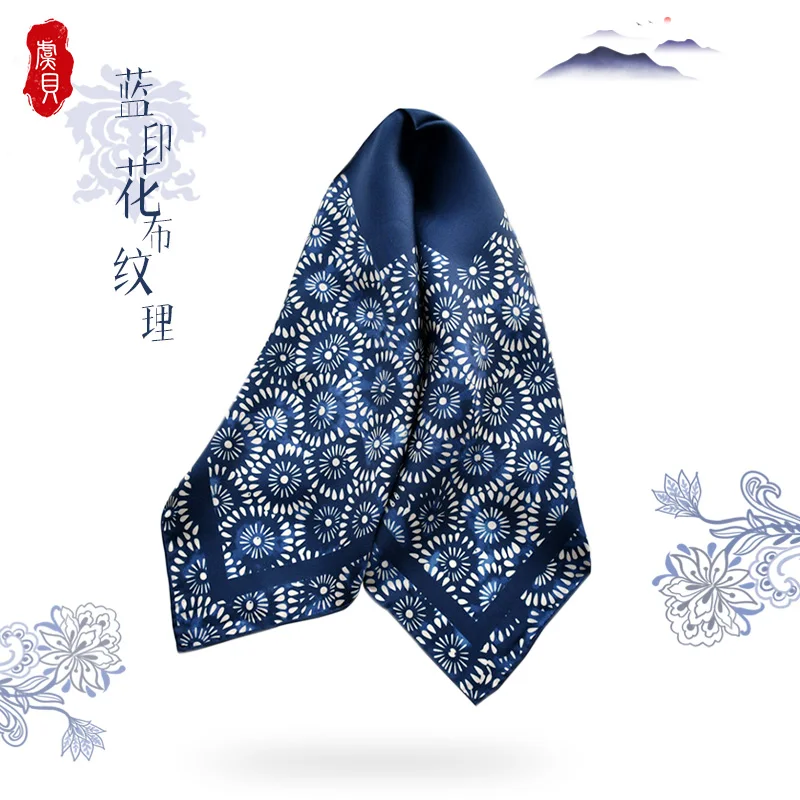 Chinese style navy blue natural silk scarf women printed flower 100% real silk twill 50cm small square wrap luxury ladies gift