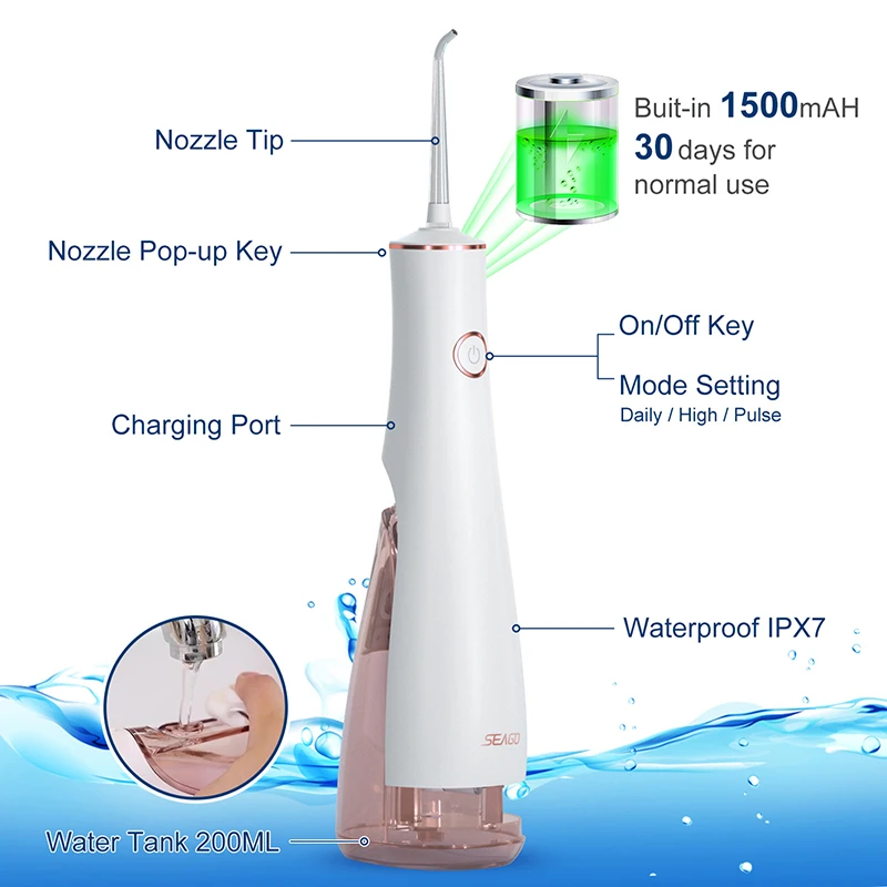 Seago New Design Water Flosser Portable Teeth Oral Dental Irrigator 3 Modes Waterproof Large Capacity 150ml Family Tooth Cleaner