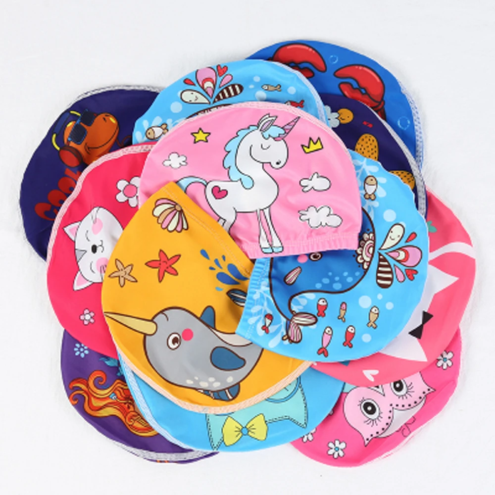 Cute Waterproof Swimming Caps Protect Ears Long Hair Sports Swim Pool Hat Cartoon Swimming Caps for Kids Elastic Printed Caps