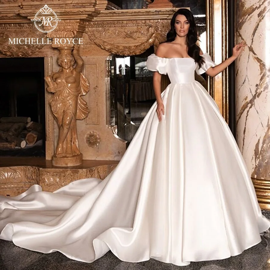 Michelle Royce A-Line Wedding Dresses For Women Boat Neck Off the Shoulder Chapel Train Classy Wedding Gown Vestido De Novia