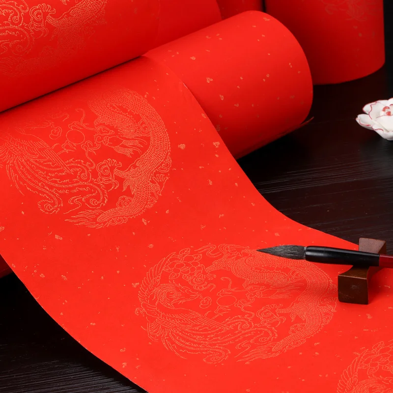 Chinese Spring Festival Couplets Red Rice Paper Xuan Paper with Dragon Phoenix Calligraphy Brushes Writing Half-Ripe Xuan Paper