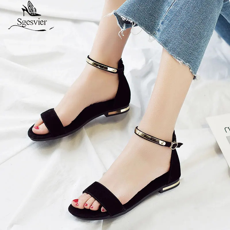 

Sgesvier Genuine Leather Women Sandals Chunky Heels Summer Shoes 2019 Peep Toe Suede Shoes Black Buckle Bling Big Size 31-46