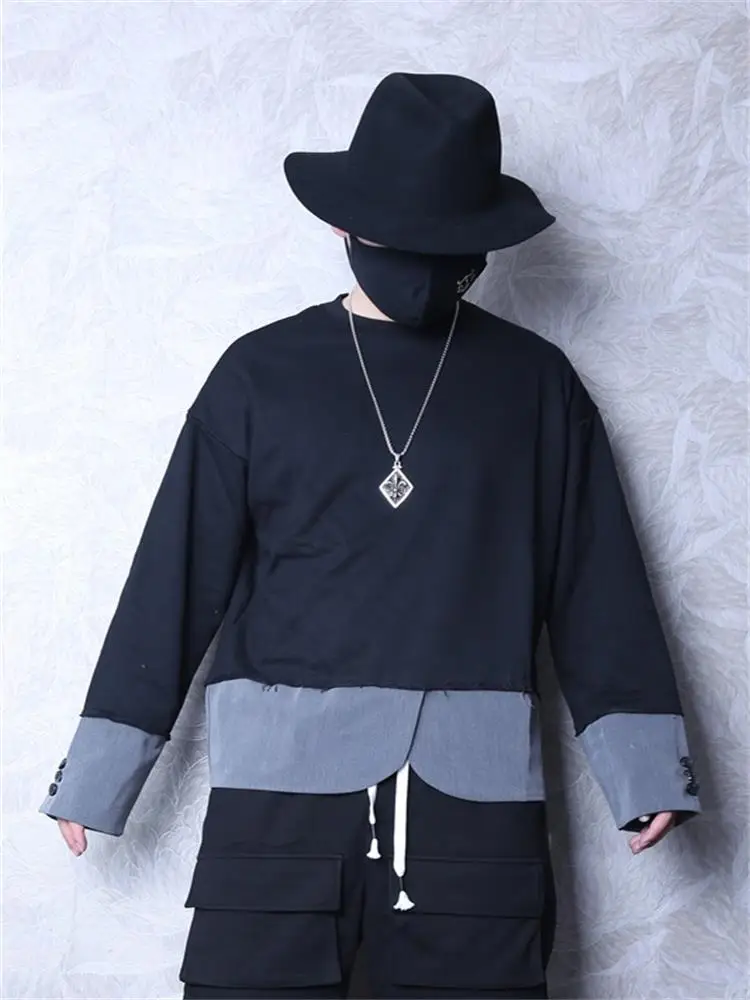 Men's Long Sleeve T-Shirt Spring And Autumn New Double Color Round Collar Personality Stitching Design Fashion Pullover T-Shirt