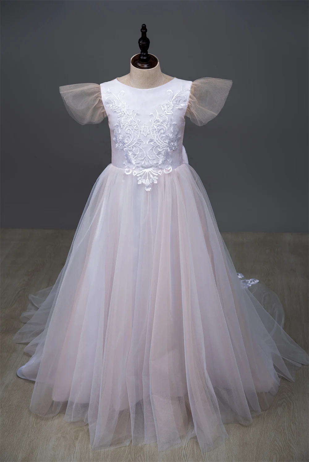 Lange Spitze Zug Flare Hülse Blume Mädchen Kleider 2022 Fliege Zurück Ballkleid Prinzessin Mädchen Kleid Robe Princesse Enfant fille