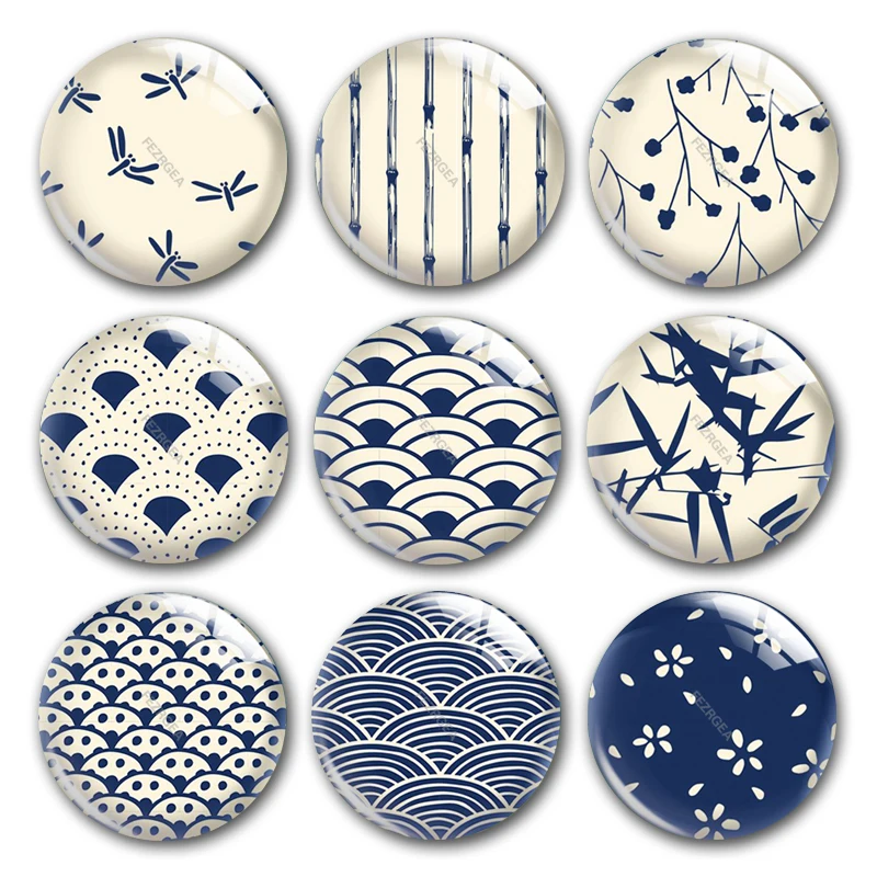 Handmade Japanese Style Pattern Wave White Blue Round Photo Glass Cabochons Demo Flat Back For Diy Jewlery Making Findings