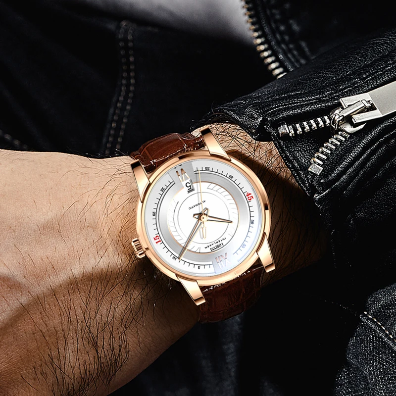 LOBINNI, relojes de pulsera clásicos de negocios para hombre, diseño Simple con calendario, relojes de pulsera para hombre, reloj mecánico automático de marca superior de lujo