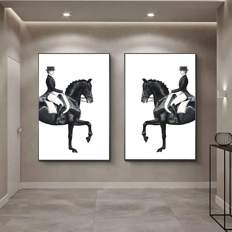 

Classic Canvas Painting for Home Decor, Black Horse, Orange Horse, Racing, Wall Art, Riding Woman Pictures, Living Room