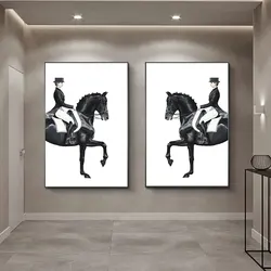 Classic Canvas Painting for Home Decor, Black Horse, Orange Horse, Racing, Wall Art, Riding Woman Pictures, Living Room