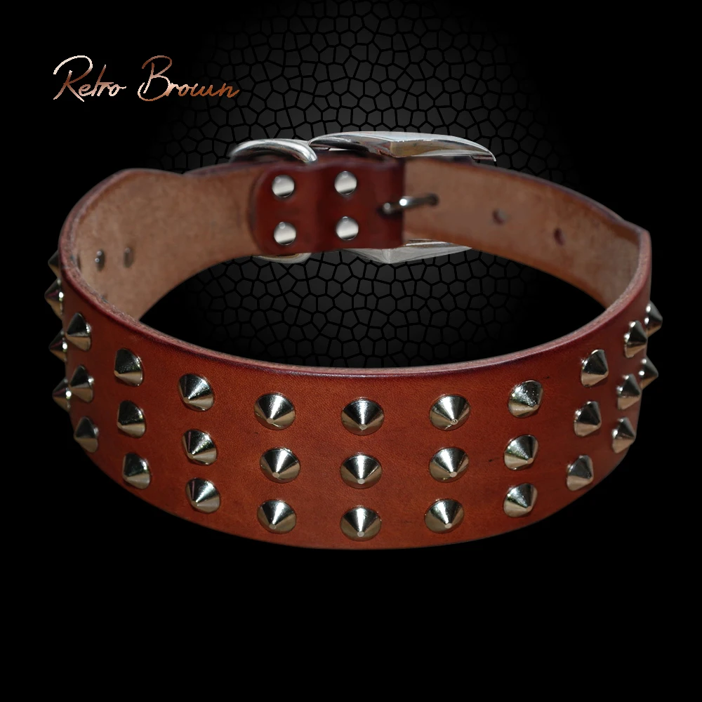 Rivets Studded Dog Collar Leather Dog Collars for Small Medium Large Dogs Durable Brown Pet Collars For Bulldog Pitbull Boxer