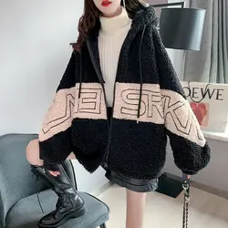 Lamb Polar Fleece Jacket Womens Casual Fashion Hoodie Winter Plus Velvet Thick Wild Korean Loose Large Size Cardigan Hooded Coat