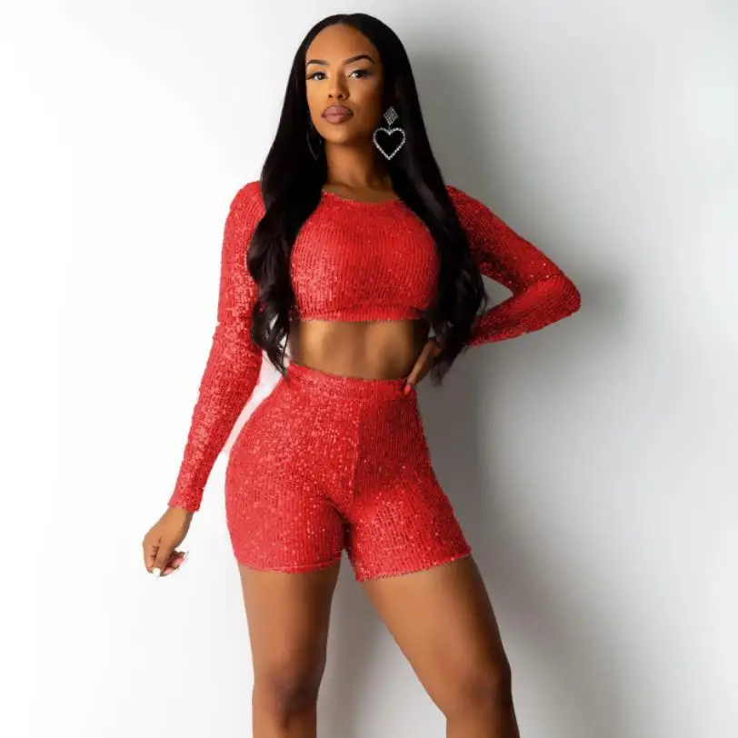 

BKLD Autumn Long Sleeve Two Piece Set Women O-Neck Crop Top And Shorts 2 Piece Sets Sexy Clubwear Sequined Outfits For Women