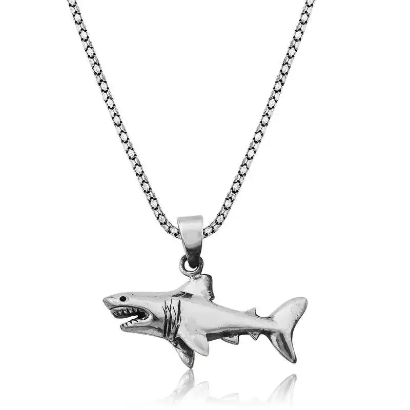 Silver Shark Necklace 925 Sterling Men Jewelry Wedding Party Birthday Gift - Box - Pendant - Chain Choker - Man - Fashion