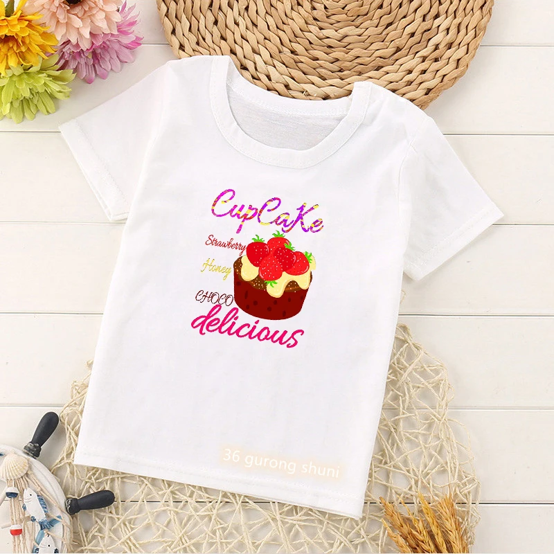 Kawaii Girls T Shirt Funny Cupcake With Sweet Vanille Ice Cream Graphic Print Kids Clothes Summer Casual Tees Boys T-Shirt Tops