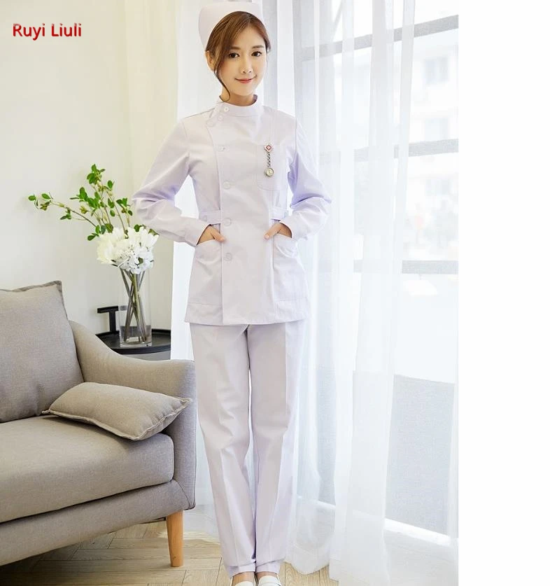 Nurses wear a white suit with long sleeves, short collar and short neck, doctor\'s white coat work clothes female