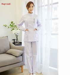 Nurses wear a white suit with long sleeves, short collar and short neck, doctor's white coat work clothes female