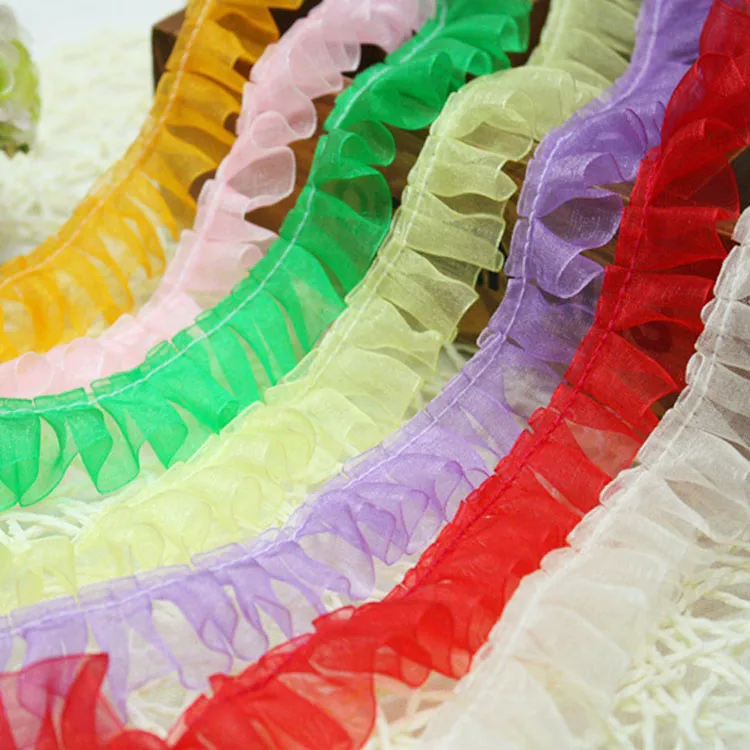 42Yards Pink Green Red White Ruffle Lace Trim Chiffon Pleated Ribbon DIY Craft Doll Dresses