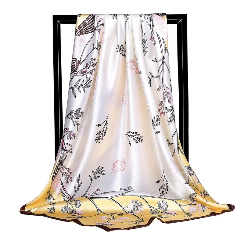 Printed Silk Scarves Women 90*90cm Square Plant Flowers Head Hijab Scarf Ladies Spring Shawl Wrap Muffler Pareo Bandanna Female