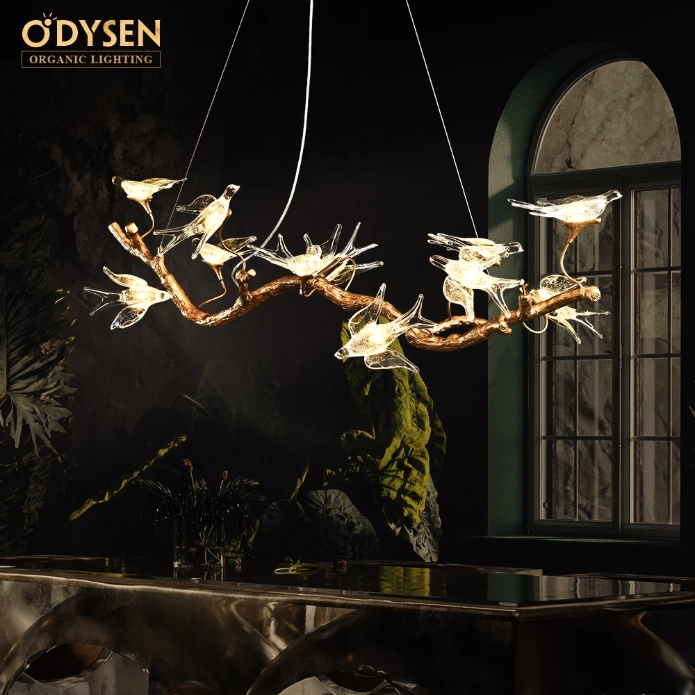 

ODYSEN ART DECO Copper Chandelier Creative Handmade Glass Bird Living Room Decoration Lighting Fixture Tree Branches Island