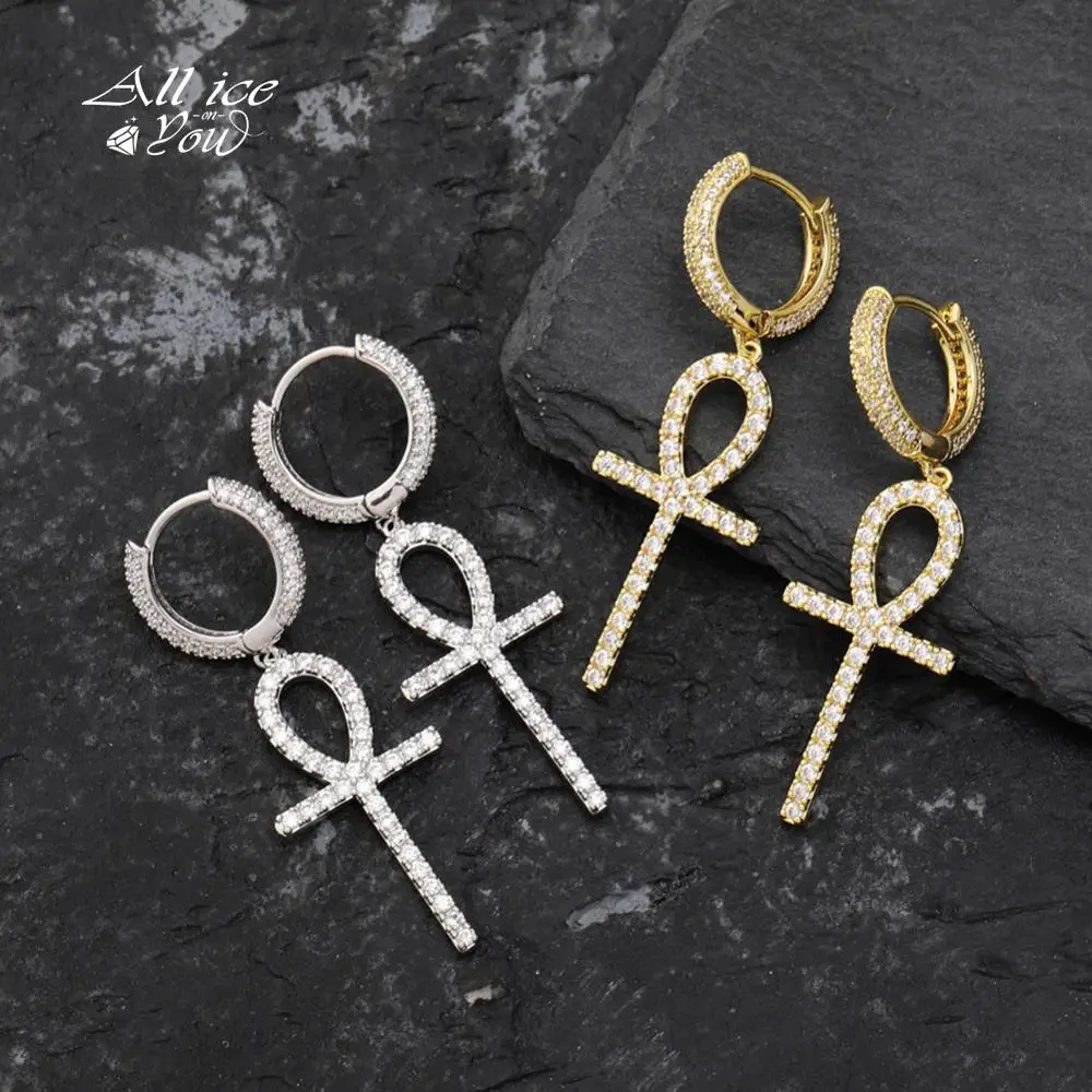 ALLICEONYOU Iced out Cubic Zirconia High Quallity  Hip Hop Cross Eardrop Earrings Gold Silver Color Woman Jewelry For Gift