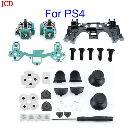 Juego de reparación de controlador PS4, botones de disparo L1 R1 L2 R2, Joysticks analógicos 3D, tapa de palos de pulgar, Kit de destornillador de goma conductora