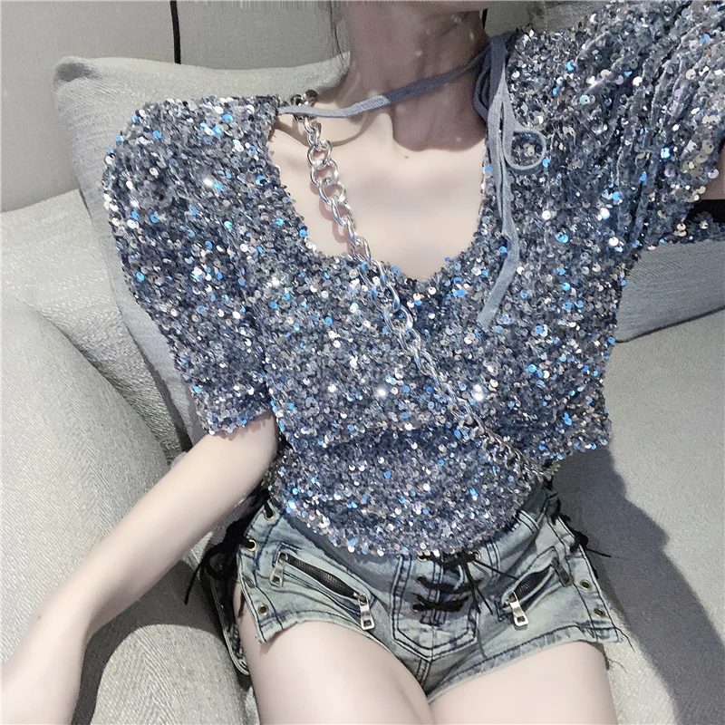 Summer Glitter Sequins Glitter Bling Bling Crop Top Lantern Sleeve Cute Girls Disco Club Bar Shirts Harajuku Sweet