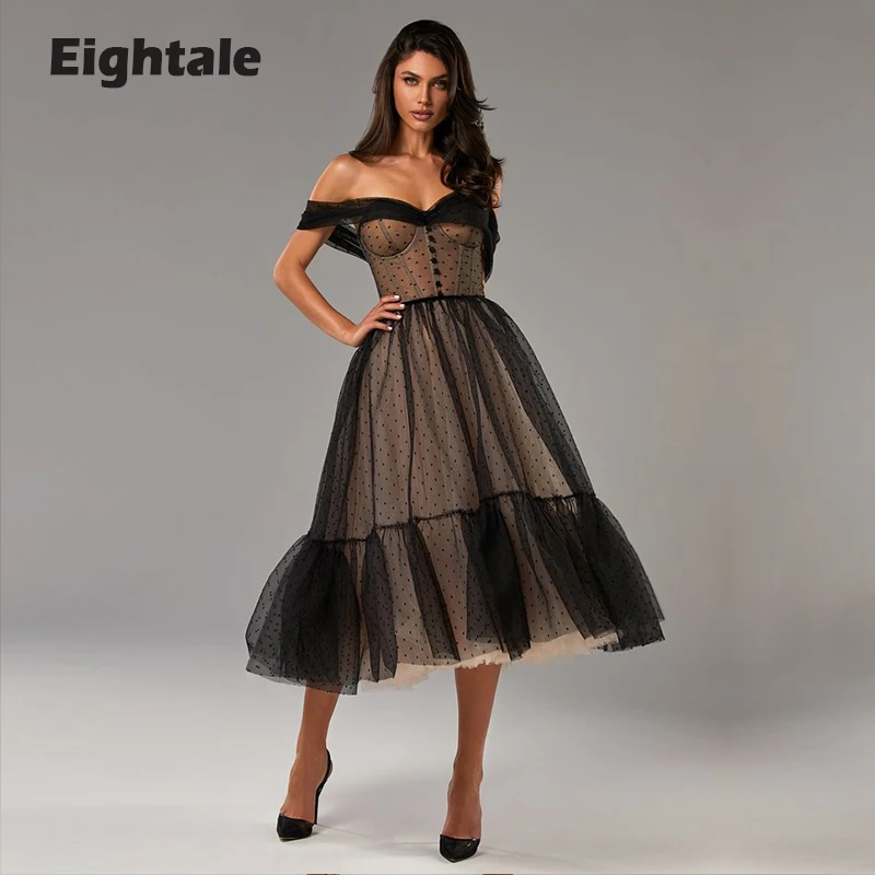 Eightale Short Prom Dress Off the Shoulder A-Line Black Polka Dot Champagne Lining Evening Celebrity Graduation Party Dress 2021