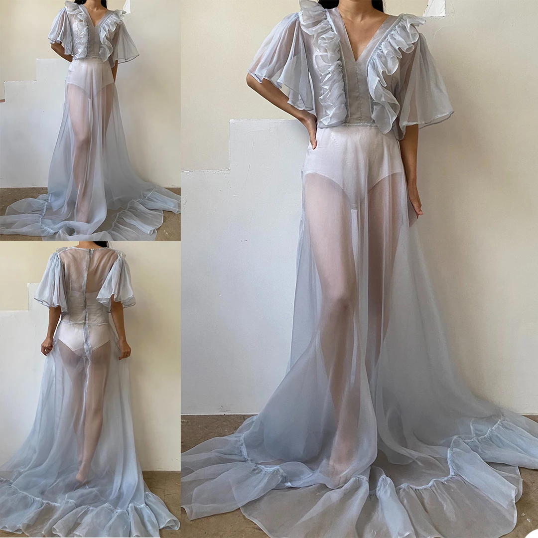 

Illusion Women Night Robe Bathrobe Dress for Photography Sheer Tulle Long Maternity Dresses Photo Shoot Pregnant Woman Robes