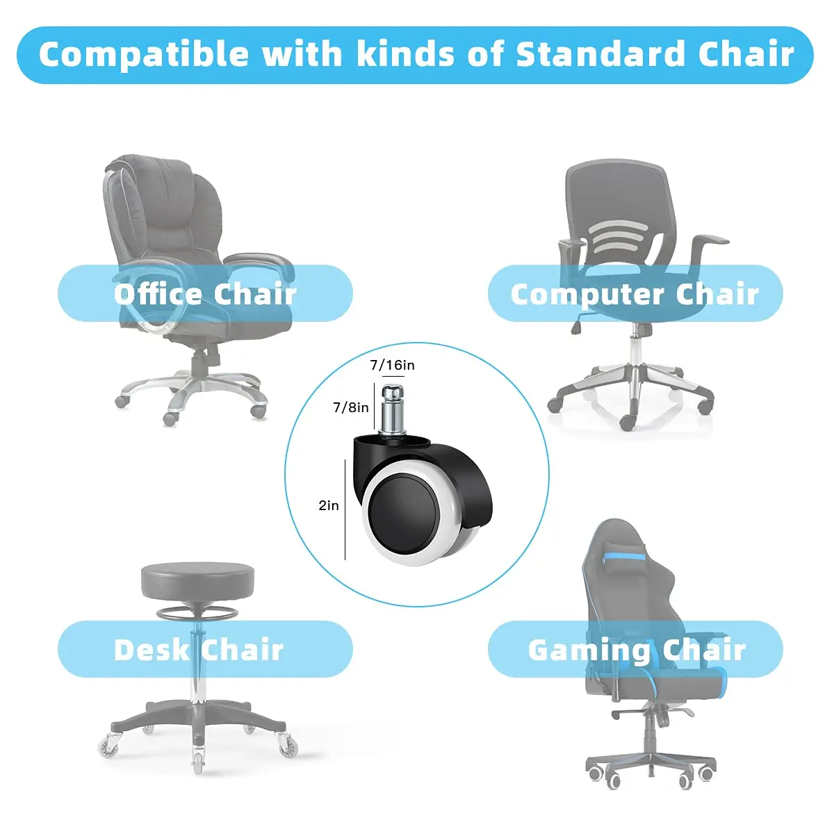 Office Chair Caster Wheels Replacement(Set of 5) for Hardwood Floors and Carpet, 2inch Office Plastic Chair Wheel,Universal Size