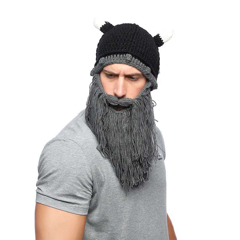 2019 Creative Halloween Men Hats Autumn Winter Keep Warm Personality Horned Beard Mask Hat Wool Knit Funny Festival Party Caps image 4