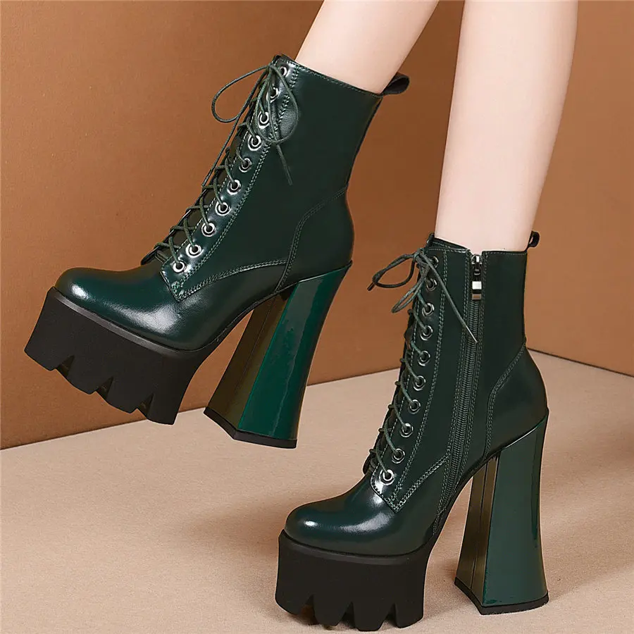 Round Toe Casual Shoes Women Lace Up Genuine Leather Super High Heel Pumps Shoes Female High Top Chunky Platform Ankle Boots