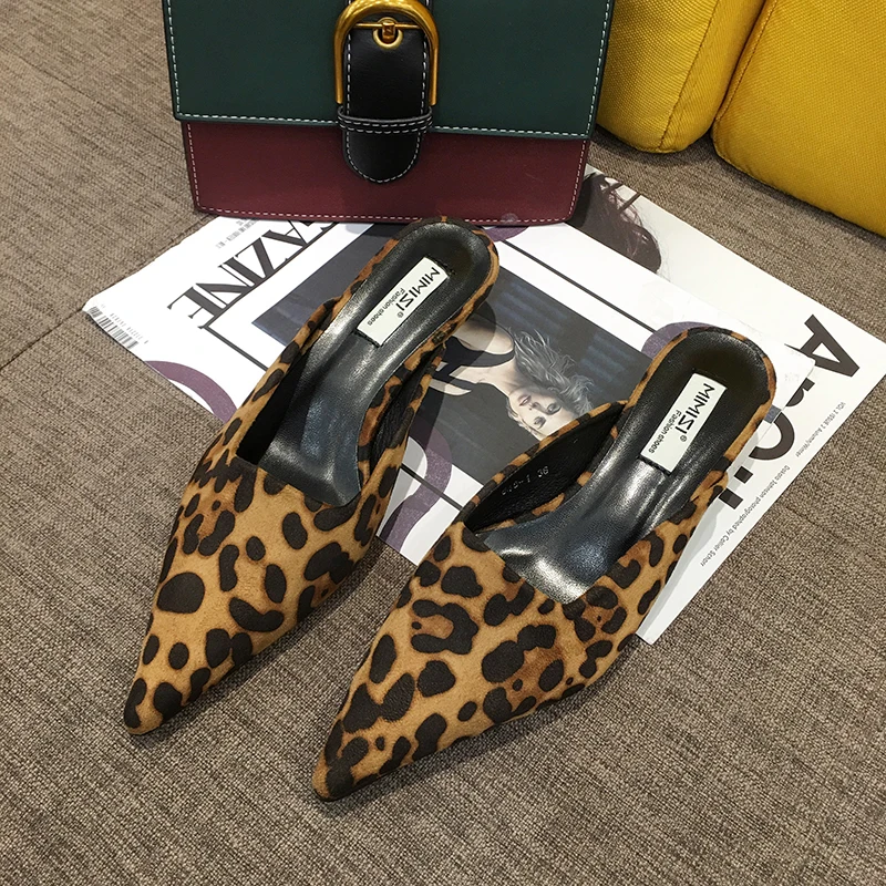 

Women Slippers Pointed Toe Leopard Design Shallow Slip On Thin Low Heels Black Flock Design Casual Mules Loafers Black Outdoor